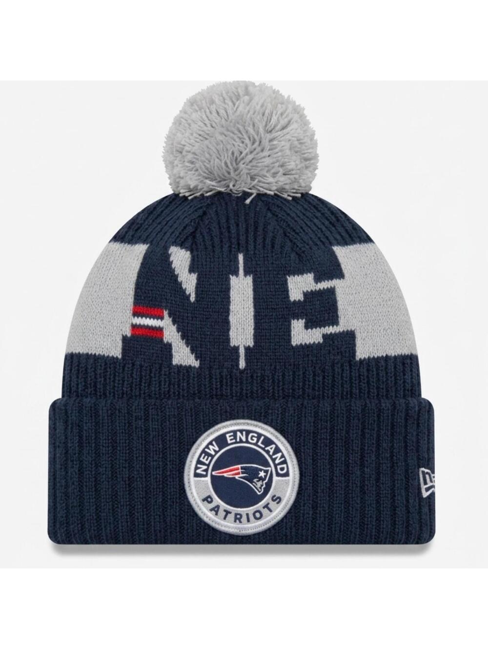 New Era New England Patriots Sideline Knit Beanie Pom Hat Navy/Gray Fleece Lined